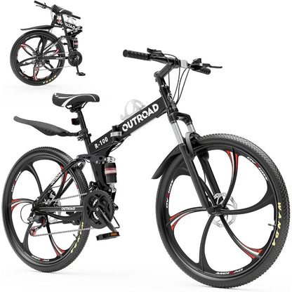 26 Inch Adult Folding Mountain Bike with 21 Speed Gear System Full Suspension High Carbon Steel Frame Dual Disc Brakes Compact