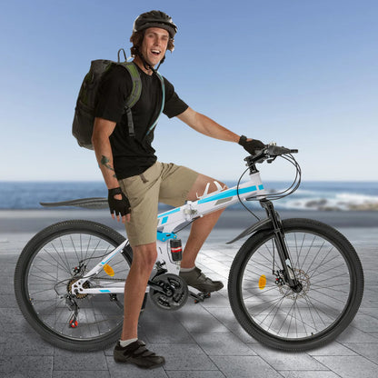 Blue&White Mountain Bike With Complete Accessories - Ergonomic Sponge Saddle&Sturdy Kickstand, Includes English Manual