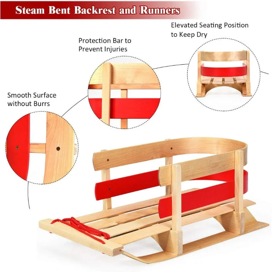 Goplus Wooden Sled Snow Wood Sled Pull Steering Slider with Solid Wood Seat Pulling Rope Sleigh Toboggan with 330LBS Weight Cap