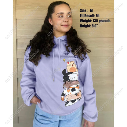 Tuislay Cute Cat Graphic Hoodies for Teen Girls Kawaii Cartoon Printed Hoodie Women Anime Print Hooded Sweatshirt Pullover