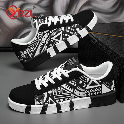 YRZL Men's Sports Running Shoes Canvas Geometric Style Lace-Up Sneakers Couples' Fashionable Graffiti Print Skate Shoes Men