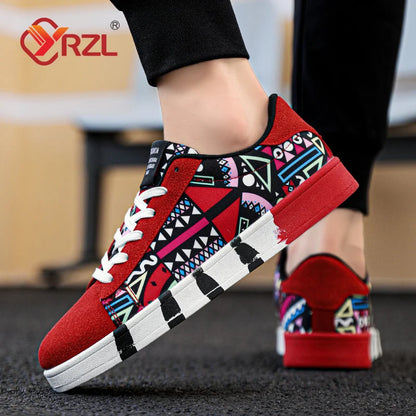 YRZL Men's Sports Running Shoes Canvas Geometric Style Lace-Up Sneakers Couples' Fashionable Graffiti Print Skate Shoes Men
