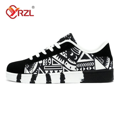 YRZL Men's Sports Running Shoes Canvas Geometric Style Lace-Up Sneakers Couples' Fashionable Graffiti Print Skate Shoes Men