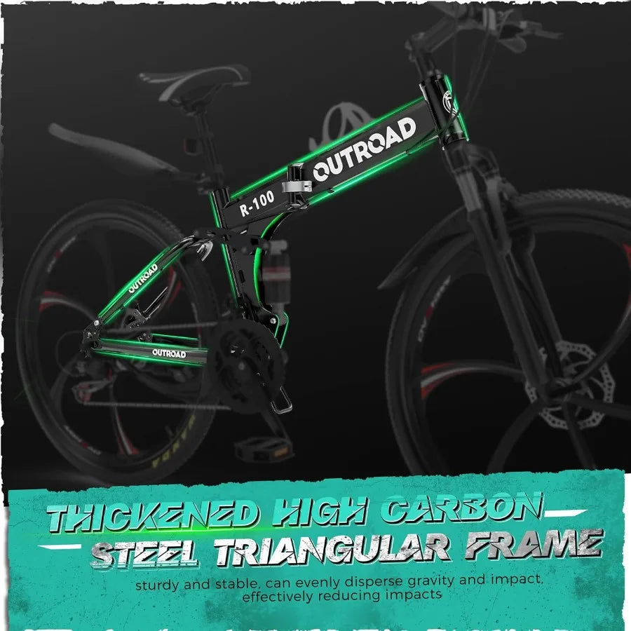 26 Inch Adult Folding Mountain Bike with 21 Speed Gear System Full Suspension High Carbon Steel Frame Dual Disc Brakes Compact