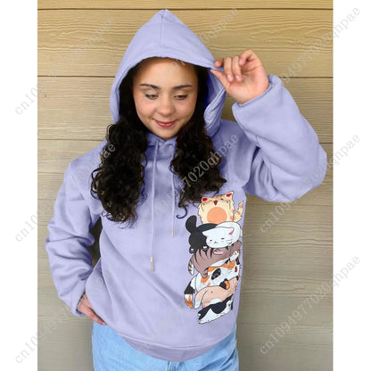 Tuislay Cute Cat Graphic Hoodies for Teen Girls Kawaii Cartoon Printed Hoodie Women Anime Print Hooded Sweatshirt Pullover