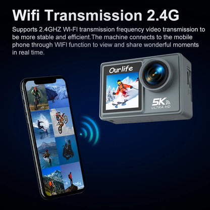 Ourlife MTR40 5K Action Camera 2.0" IPS Touch Screen 5X Zoom Action Cam WiFi EIS 170° 30M Waterproof Professional Sports Camera