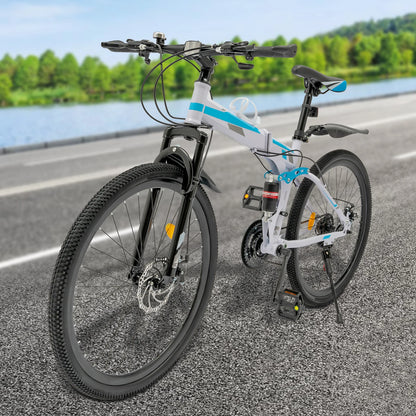 Blue&White Mountain Bike With Complete Accessories - Ergonomic Sponge Saddle&Sturdy Kickstand, Includes English Manual