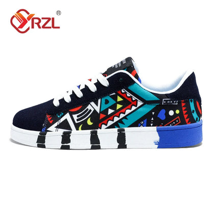 YRZL Men's Sports Running Shoes Canvas Geometric Style Lace-Up Sneakers Couples' Fashionable Graffiti Print Skate Shoes Men