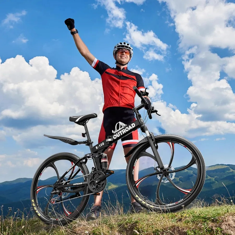 26 Inch Adult Folding Mountain Bike with 21 Speed Gear System Full Suspension High Carbon Steel Frame Dual Disc Brakes Compact