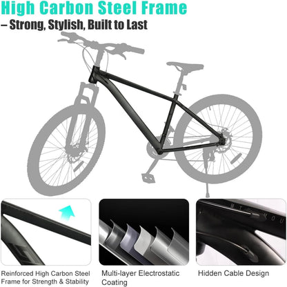 YTYIN Mountain Bike 27.5" Sizes, 21-Speed Twist Shifting, Disc Brakes, Adult Bicycle with Suspension Fork,Ideal for Adventurers